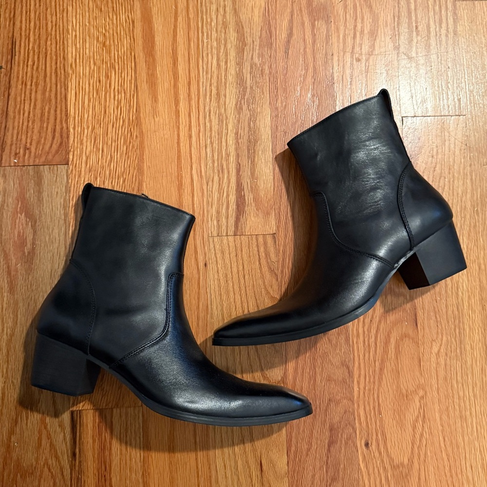 Black Leather Cuban Heel Boots Western Fashion